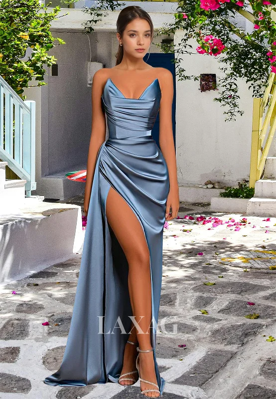 V-Neck Off-Shoulder Sleeveless Pleated Party Gowns Pleated High Slit Satin Mermaid Prom Dress V-Neck Off-Shoulder Sleeveless Pleated Party Gowns Pleated High Slit Satin Mermaid Prom Dress