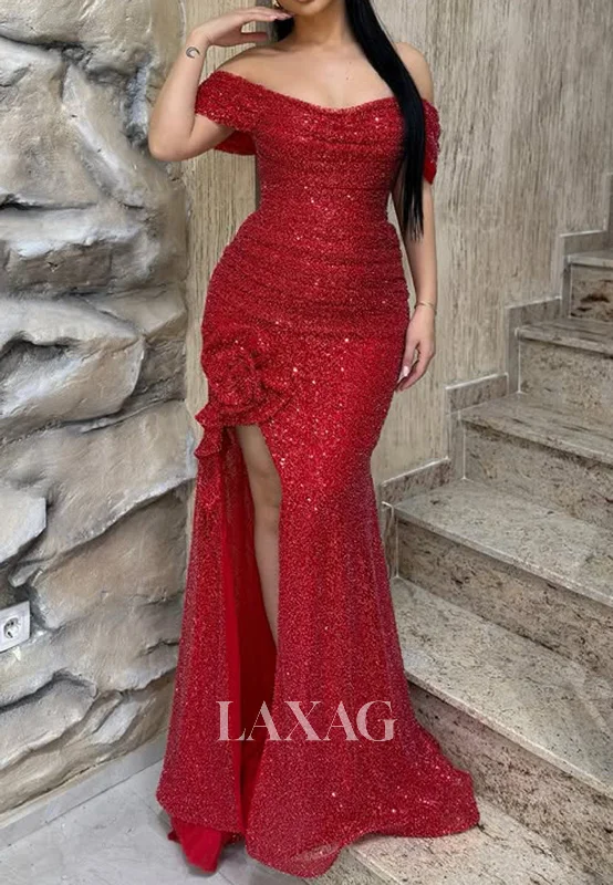 Scoop-Neck Off-Shoulder Sleeveless Fully Sequined Pleated Mermaid Prom Dress with High Slit Scoop-Neck Off-Shoulder Sleeveless Fully Sequined Pleated Mermaid Prom Dress with High Slit