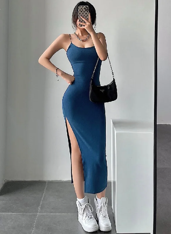 Elaine Solid Color Spaghetti Strap Side Slit Long Slim Dress
