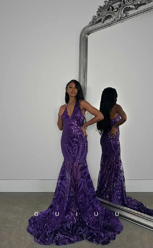 G4425 - Unique Mermaid Halter Sequined Sleeveless Open Back Prom Evening Dress with Train for Black Girl Slay G4425 - Unique Mermaid Halter Sequined Sleeveless Open Back Prom Evening Dress with Train for Black Girl Slay