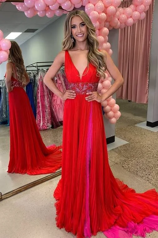 Low V-Neck Sleeveless Beaded Empire A-Line Party Prom Dress