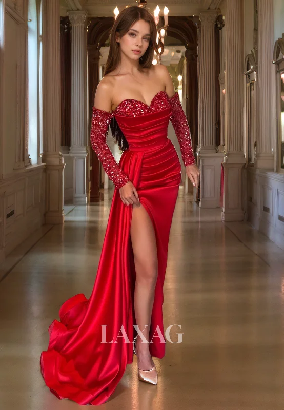 Sweetheart Pleated Sweep Train Formal Gowns Off-Shoulder Sequined Long-Sleeves Mermaid Prom Dress Sweetheart Pleated Sweep Train Formal Gowns Off-Shoulder Sequined Long-Sleeves Mermaid Prom Dress