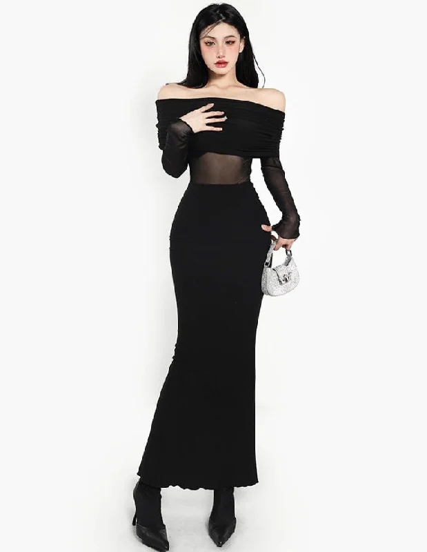 Presley Solid Color Black Patchwork Mesh Off the Shoulder Long Sleeve Slim Long Dress