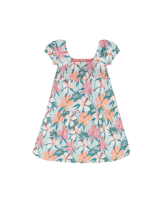 Smocked Crinkle Dress Blue Printed Beach Hibiscus