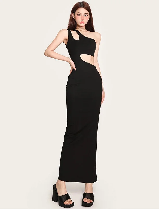 Salia Solid Color Black Cut Out Off Slim Waist Hollowed Out Long Dress