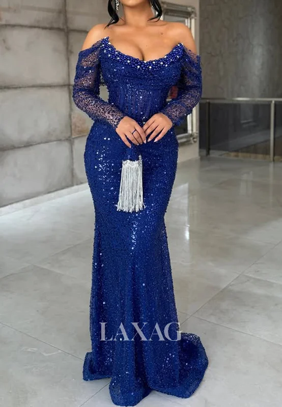 Scoop-Neck Off-Shoulder Long Sleeves Beaded Fully Sequined Mermaid Prom Dress with Sweep Train Scoop-Neck Off-Shoulder Long Sleeves Beaded Fully Sequined Mermaid Prom Dress with Sweep Train