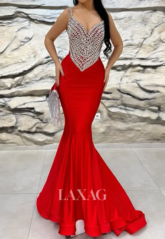 Spaghetti Straps V-Neck Sleeveless Mermaid Prom Dress Off-Shoulder Beaded Pleated Party Gowns Spaghetti Straps V-Neck Sleeveless Mermaid Prom Dress Off-Shoulder Beaded Pleated Party Gowns