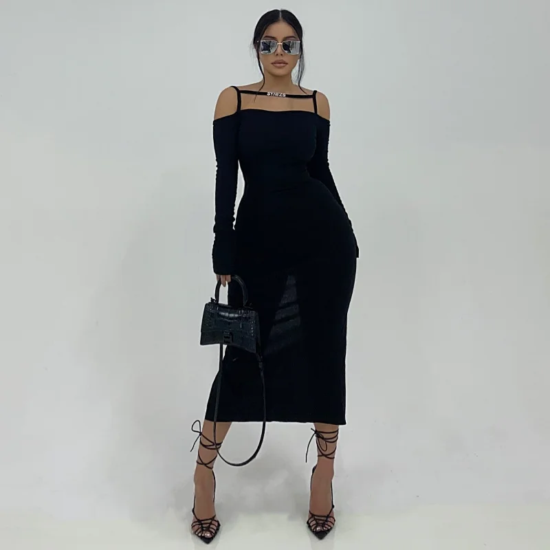 SYNEZ Long Sleeve Long Slit Black Dress