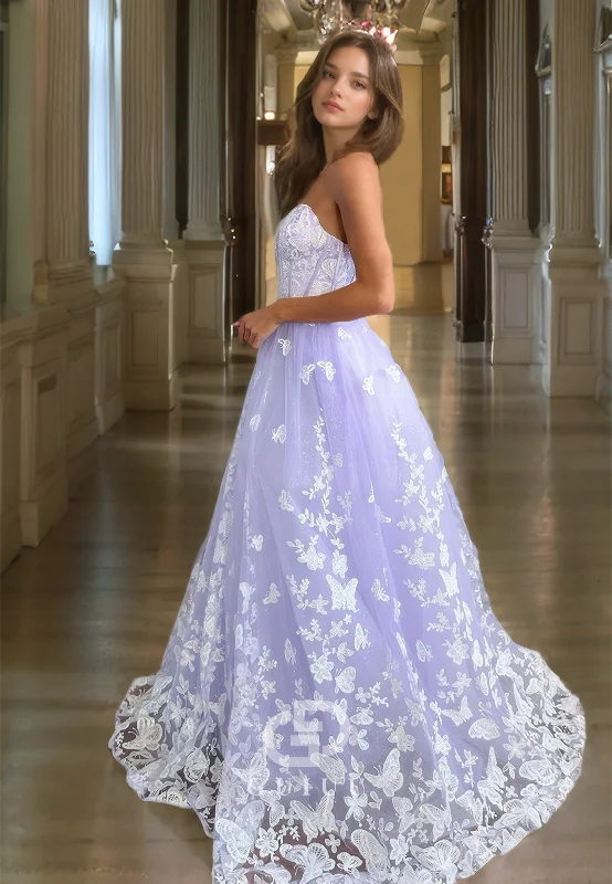 G2777 - Elegant A-Line Glitter Strapless Applique Tulle Long Prom Evening Dress