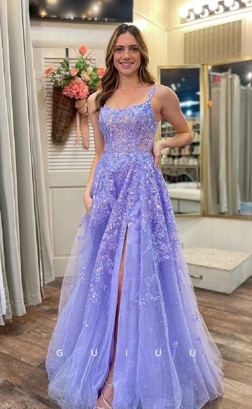 G4484 - Cute & Chic A-Line Purple Tulle Sleeveless Straps Appliques Zipper-Up Shiny Prom Evening Dress with Slit G4484 - Cute & Chic A-Line Purple Tulle Sleeveless Straps Appliques Zipper-Up Shiny Prom Evening Dress with Slit