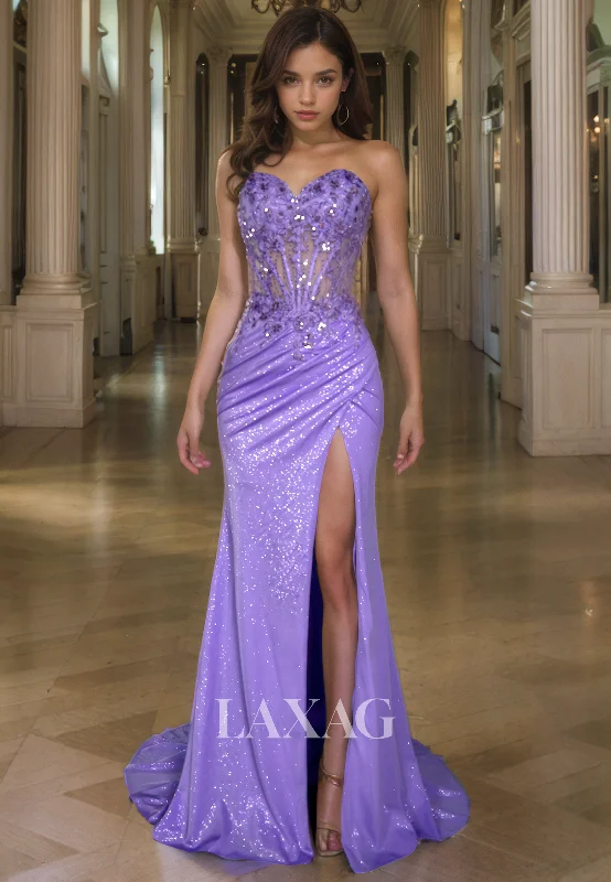 Sweetheart Off-Shoulder Sleeveless Mermaid Prom Dress Beaded Sequined Pleated Glitter-Knit Party Gowns