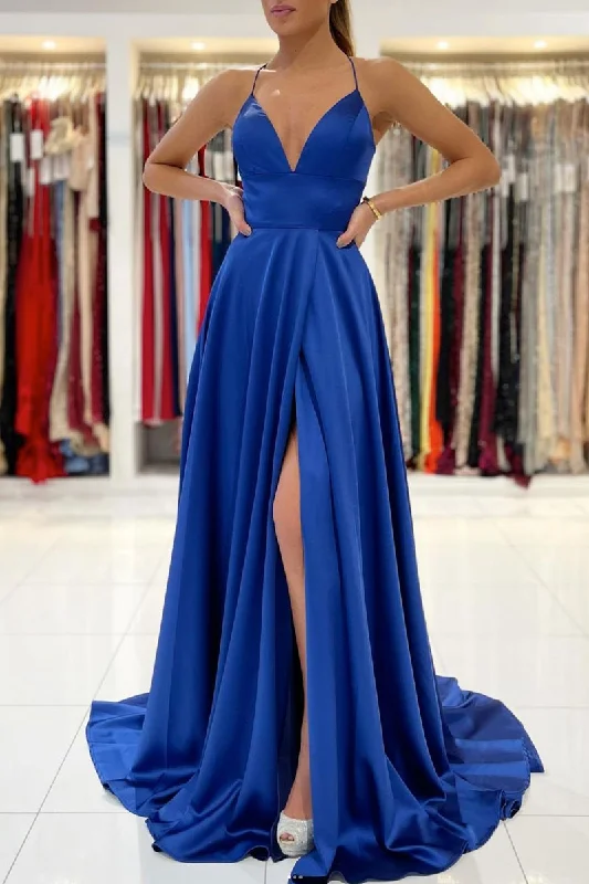 Simple blue v neck satin long prom dress blue evening dress