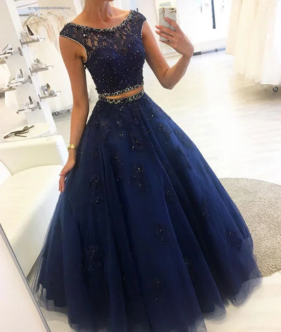 Dark blue two pieces lace long prom dress, blue evening dress