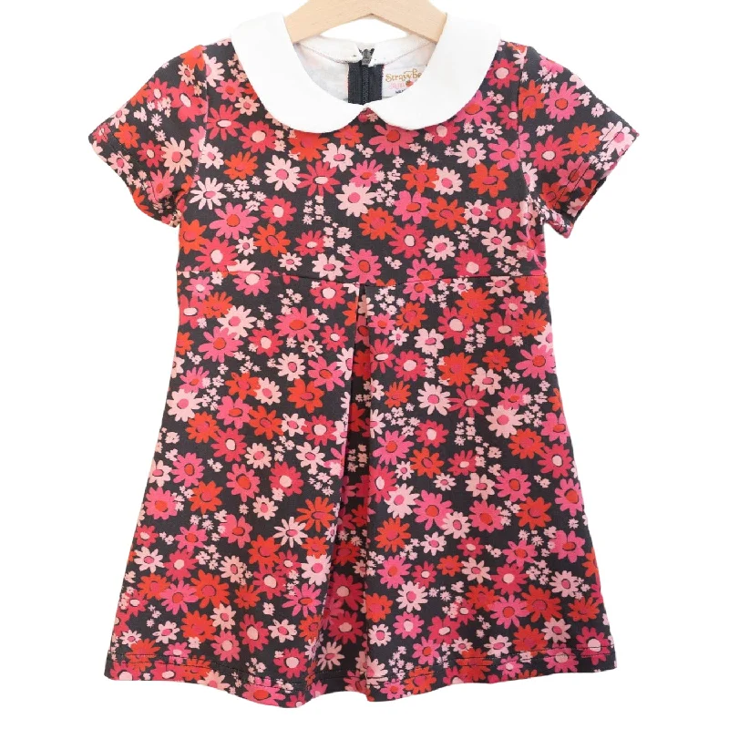 Retro Navy And Pink Flower Power Peter Pan Collar Dress