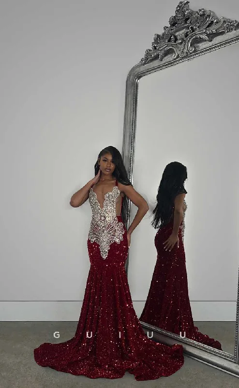 G4423 - Sexy & Hot Mermaid Spaghetti Straps Beaded Prom Evening Dress with Train For Black Girl Slay G4423 - Sexy & Hot Mermaid Spaghetti Straps Beaded Prom Evening Dress with Train For Black Girl Slay