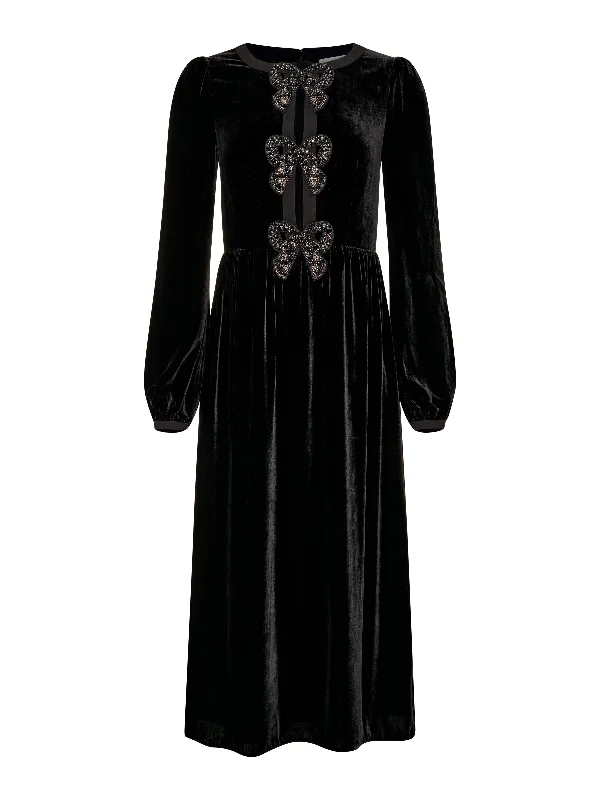 Camille Velvet Black Bows Dress in Black