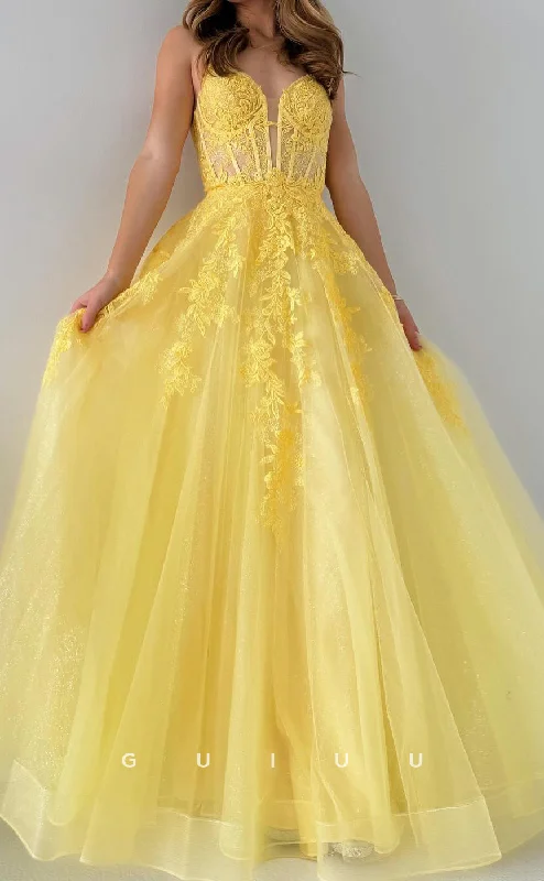 G3160 - A-Line Strapless Straps Sleeveless Appliques Yellow Tulle Long Prom Evening Dress G3160 - A-Line Strapless Straps Sleeveless Appliques Yellow Tulle Long Prom Evening Dress