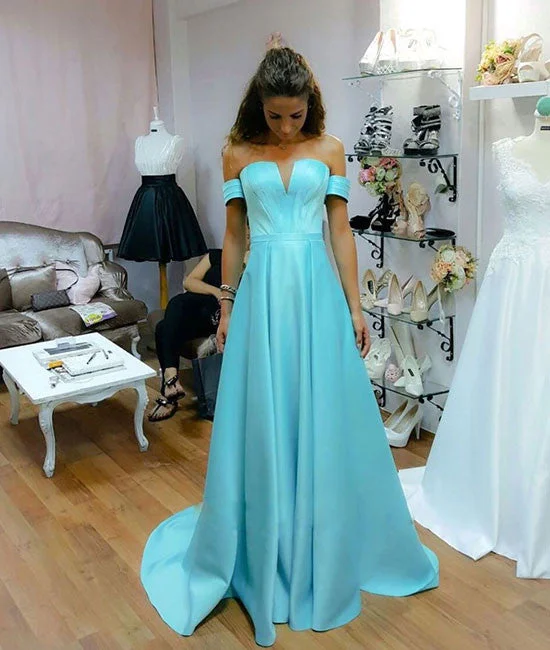 Simple blue satin long prom dress, blue evening dress