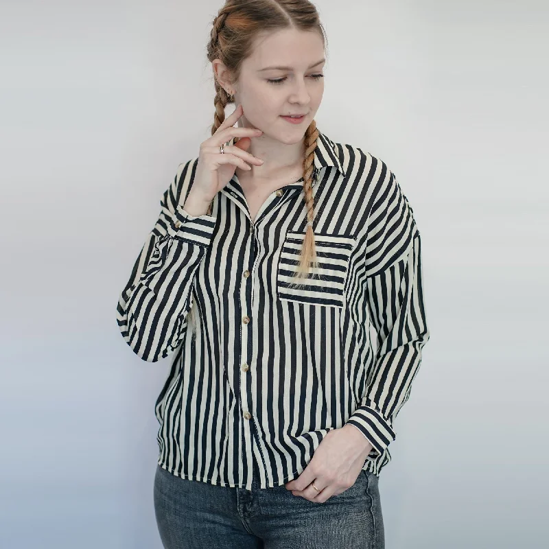Striped Blouse (Taupe + Black) Lightweight Linen Blouse