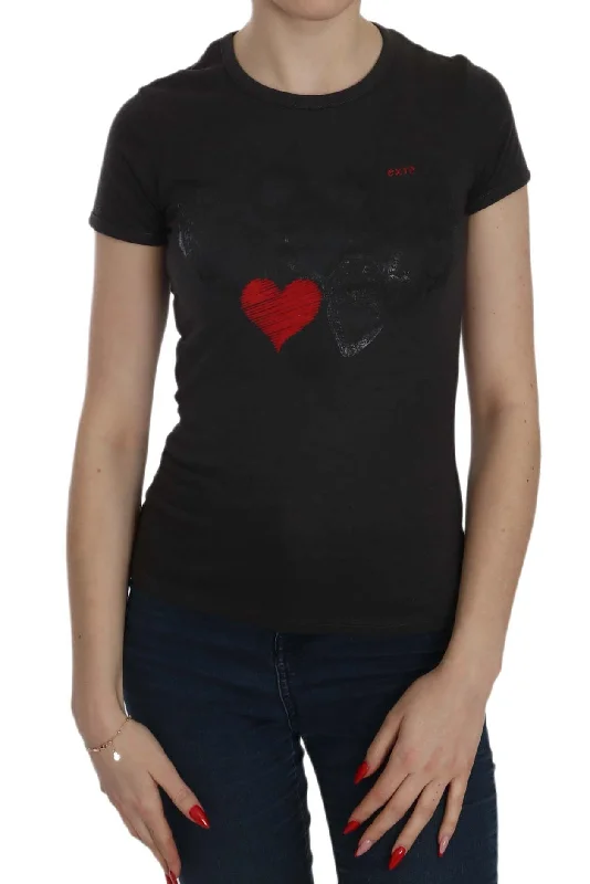 Black Hearts Print Crew Neck Blouse Playful Puff Blouse