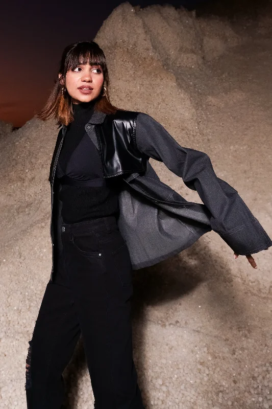 Black Leather Flap Shacket Slim Fit Blouse
