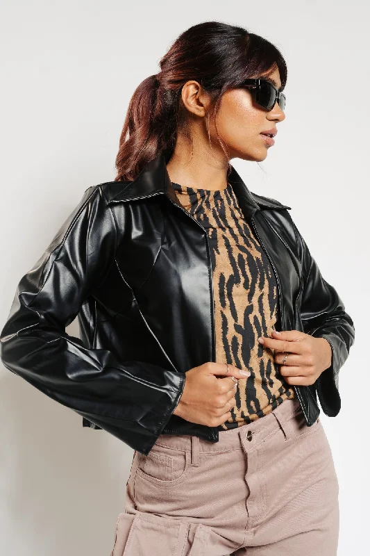 Black Seam Leather Shacket Slim Fit Blouse
