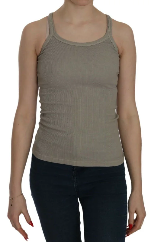 Chic Beige Spaghetti Strap Top Blouse Modern Work Blouse