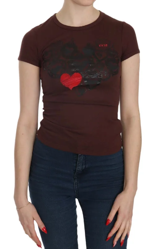 Chic Brown Hearts Print Crew Neck Blouse Elegant Silk Blouse