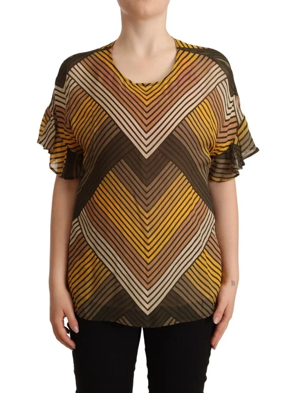 Chic Multicolor Striped Short Sleeve Blouse Satin Long Blouse
