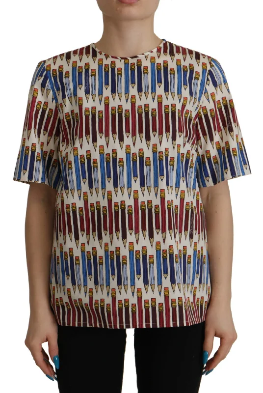 Chic White Pencil Print Short Sleeve Blouse Stylish Wrap Blouse