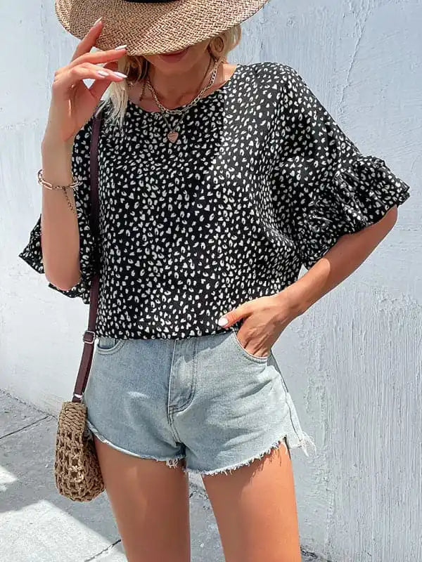 Women’s Ruffle-sleeve Leopard-print Blouse Mandarin Collar Blouse