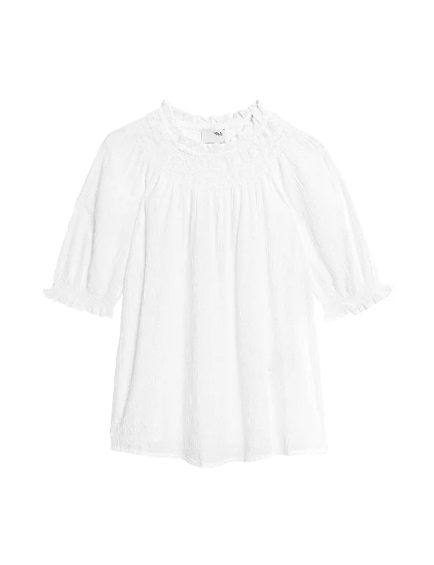 Cotton Blend Crew Neck Smocked Blouse Elegant Embroidery Blouse