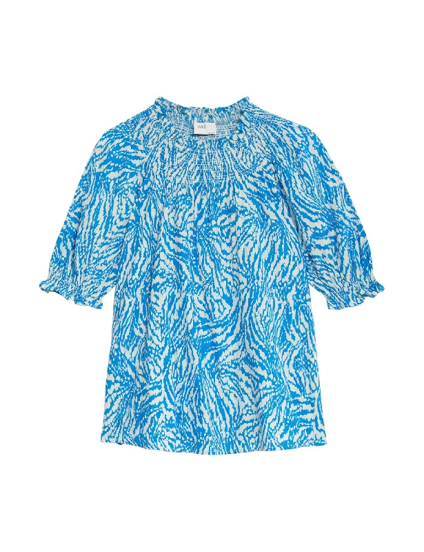 Cotton Blend Printed Smocked Blouse Feminine Satin Blouse