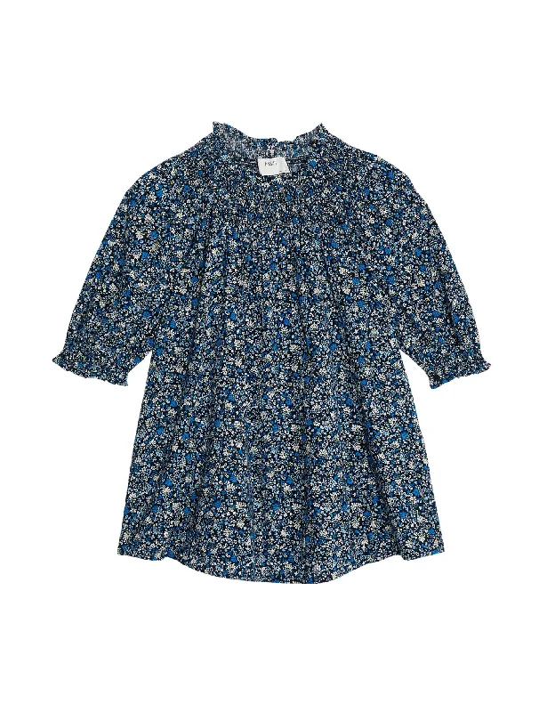 Cotton Blend Printed Smocked Blouse Elegant Semi-Sheer Blouse