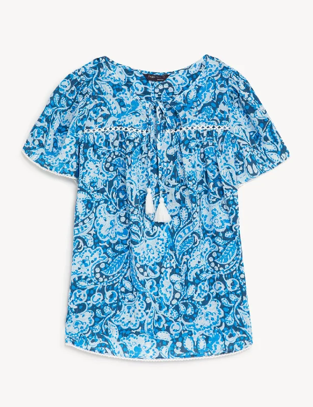 Cotton Blend Printed Tie Neck Blouse Bell Sleeve Blouse