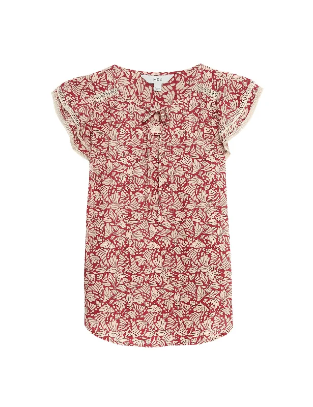 Cotton Blend Printed Tie Neck Blouse Loose Fit Blouse
