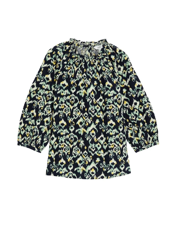 Cotton Rich Printed Blouson Sleeve Blouse Delicate Pleat Blouse