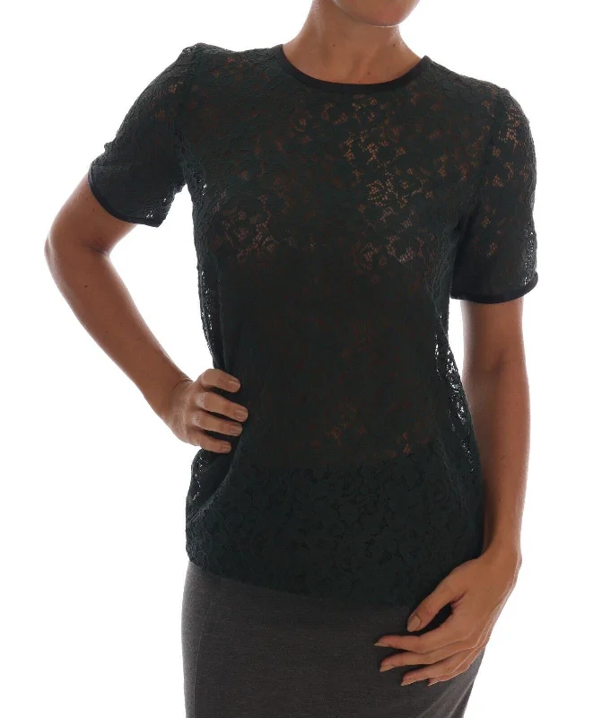 Dark Green Floral Lace Short Sleeve Blouse Embroidered Cotton Blouse