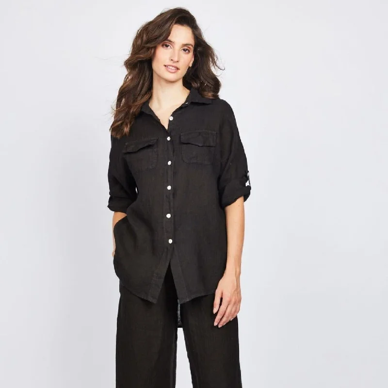 Double Pocket Linen Blouse (Black) Feminine Pastel Blouse