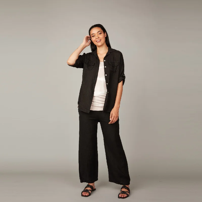 Double Pocket Linen Blouse (Black) Elegant Embroidery Blouse