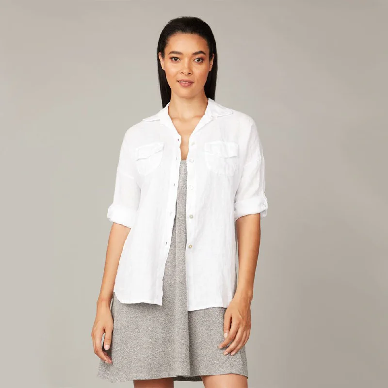 Double Pocket Linen Blouse (White) Elegant Peplum Blouse