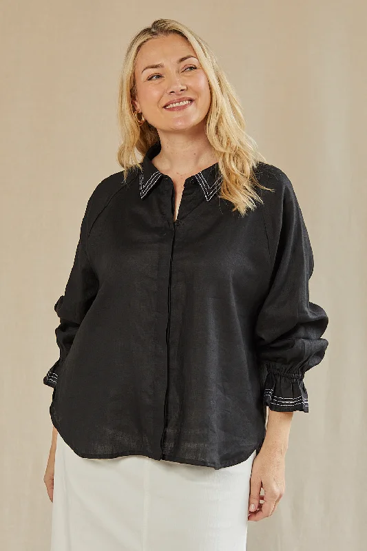 Ebony Frill Cuff Linen Blouse in Blackberry Floral Print Blouse
