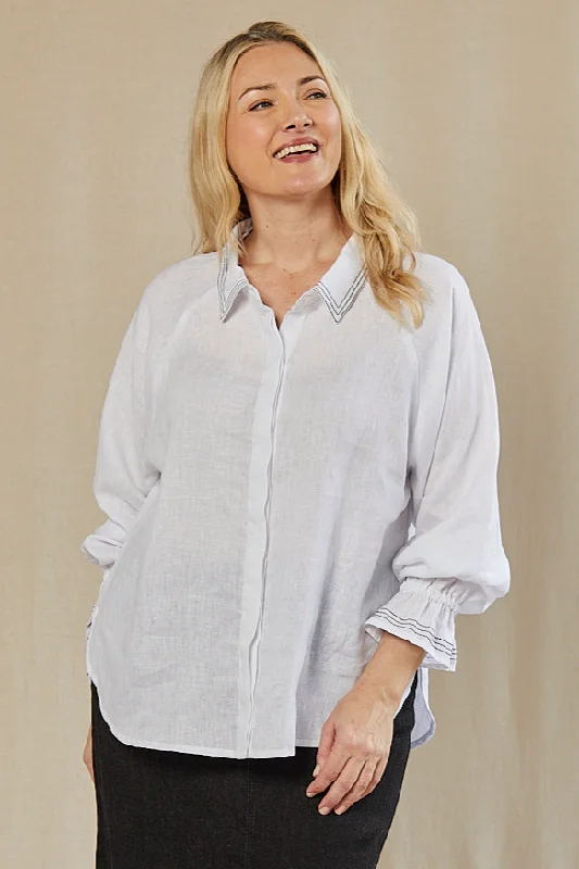 Ebony Frill Cuff Linen Blouse in Coconut Drape Neck Blouse