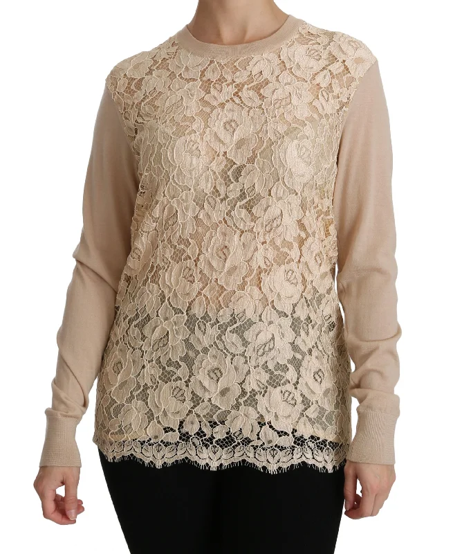 Elegant Beige Lace Crew Neck Cashmere Blouse Romantic Lace Blouse