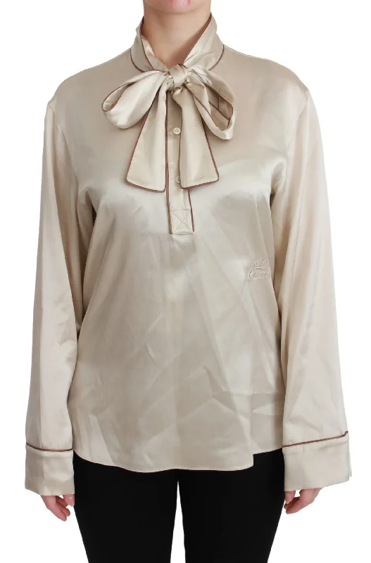 Elegant Beige Silk Satin Blouse with QUEEN Embroidery Double Button Blouse