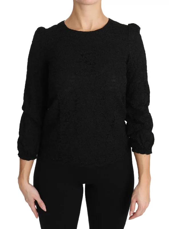 Elegant Black Floral Crewneck Blouse Elegant Lace Blouse