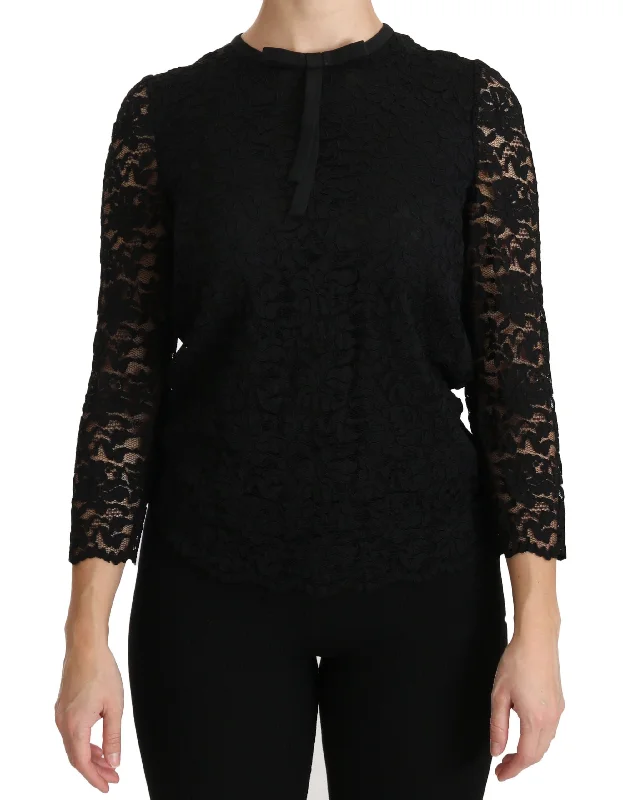 Elegant Black Lace Crew Neck Blouse Casual Relaxed Blouse