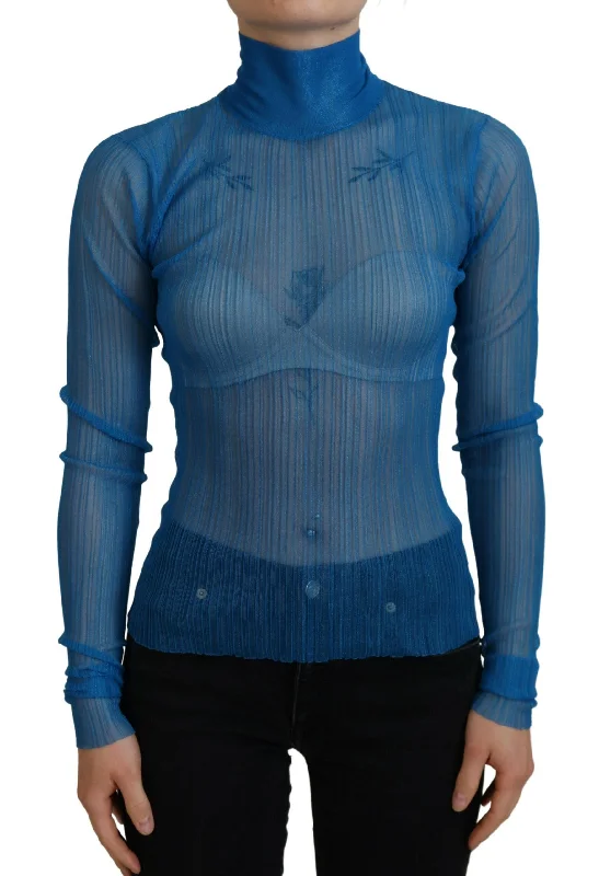 Elegant Blue Mesh Blouse Top Delicate Bow Blouse
