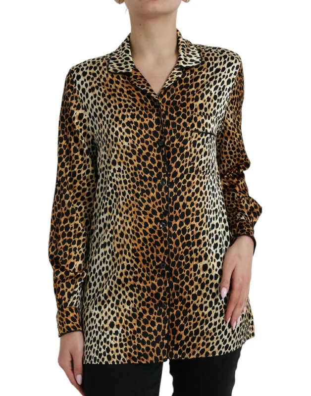 Elegant Brown Animal Print Silk Blouse Side Tie Blouse
