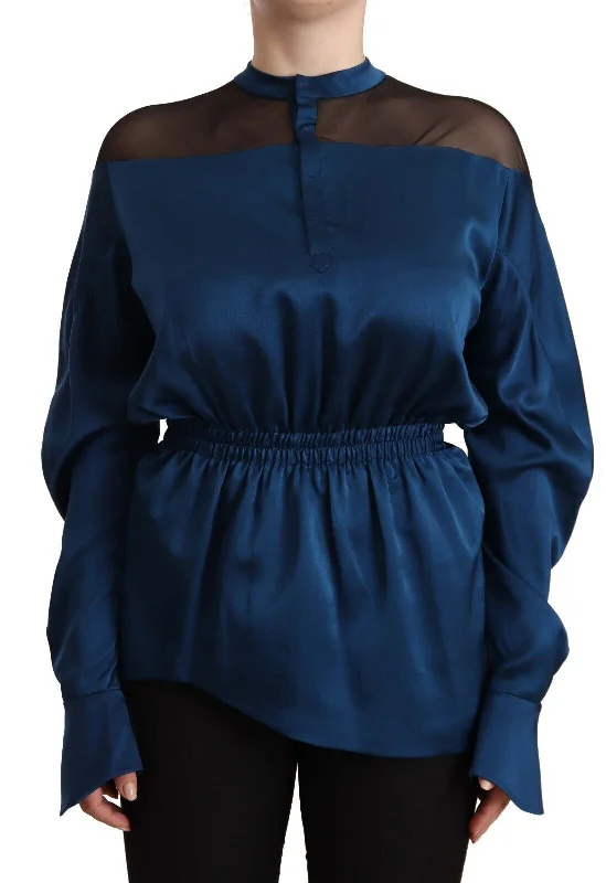 Elegant Crew Neck Silk Blouse in Blue Relaxed Fit Blouse